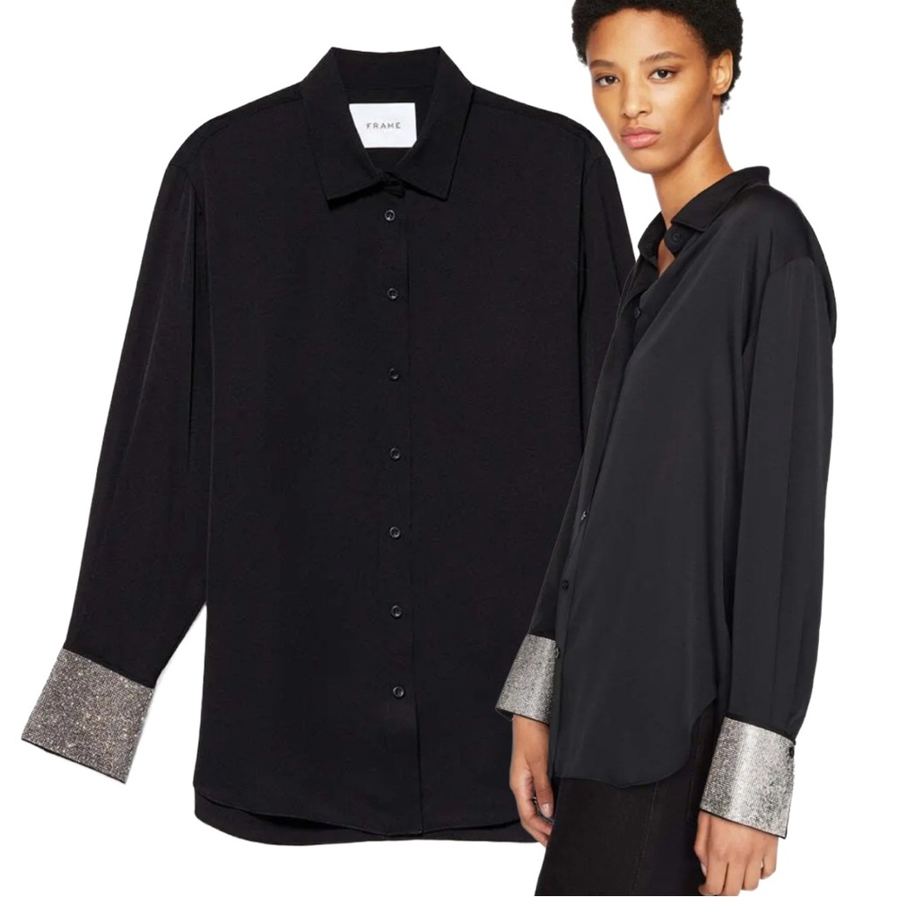 FRAME Rhinestone-Embellished Oversized 100% Silk Shirt